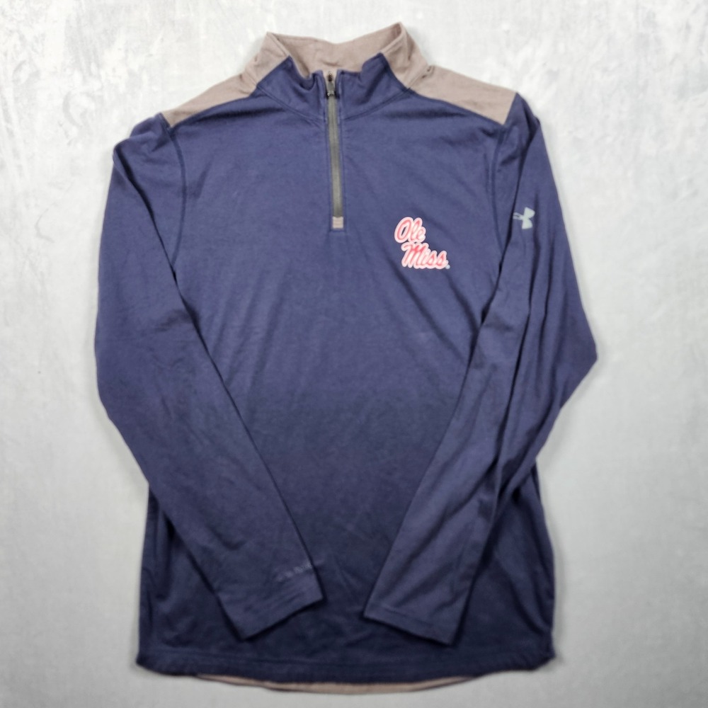 Ole Miss Rebels Sweatshirt Mens Small Blue Under Armour Loose Fit 1/4 Zip Logo